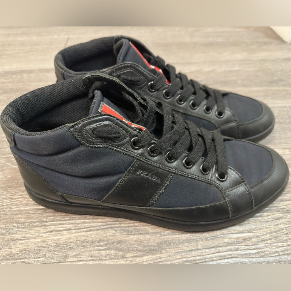 AUTHENTIC ~ Prada High Top Sneakers Blue Size 7.5 – Excellent Condition